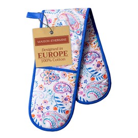 Maison d' Hermine Double Oven Mitts 7"x35", 100% Cotton Heat Resistant Oven Mitt BBQ Cooking Gloves with Loop Grilling Microwave, Handling Hot Pans, Indian Floral - Spring/Summer