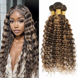 Dokksiiia Highlight Loose Deep Weave Bundles Human Hair P1B/27 Two Tone Black and Honey Blonde Mix Ombre Deep Wave Bundles Double Weft Brazilian Human Hair Extensions 26 28 30 Inch