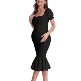 Maternity Summer Midi Bodycon Dresses, Short Puff Sleeve Square Neck Ruffle Hem Mermaid Baby Shower Dress Black M