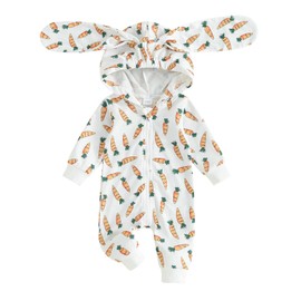 Goelsakurara Baby Girl Boy Easter Outfit Long Sleeve Zipper Hooded Romper Bodysuit Rabbit Ear Jumpsuit Cute Newborn Bunny Clothes(Easter Carrot-White,6-12 Months)
