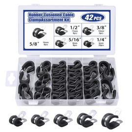 MaxAwe Pack of 42 Rubber Hose Clamps, Screw Pipe Clamps, Pipe Clamps with Rubber Insert, 6 Sizes 6-19 mm, Stainless Steel Cable Clamp, Rubber Lined, P Clips, Hose Clamps