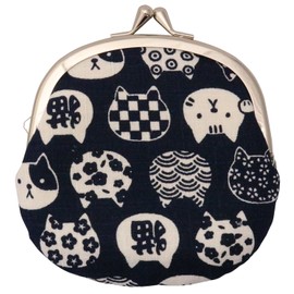 Kyoyu Purse Purse Coin Small Purse Cat Pattern 3.3 inches (12 x 11.5 cm) Navy Blue