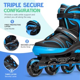 2PM SPORTS Kids Adjustable Inline Skates Ages 4-12, Youth Inlie Skates for Girls Boys 5-8 8-12 with Full Light Up Wheels, Beginner Women Adult Skates - Blue Large