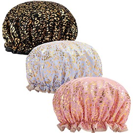 HappyDaily 3 Pack Fashion and Supersoft Waterproof Shower Cap with Double-Layer, Ideal Choice for Showering (Leopard (Pink/Purple/Black))