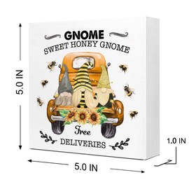 Summer Desk Decor,Sweet Honey Bee Gnome Wooden Plaque Sign Desk Decor,Rustic Gnomes on Retro Truck Wood Block Sign Desk Decorations for Summer Home Living Room Office Garden Shelf Table Decor