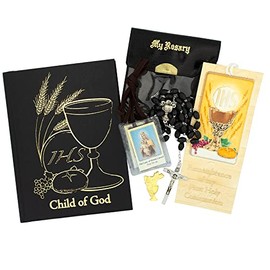 First Holy Communion Gift Set | Catholic Prayer Kit for Children | Includes Mass Missal, Bookmark, Rosary, Pouch, and Pin | Black or White for Boys and Girls (Black)