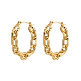 18k Gold Hoop Charm Earrings Dainty Stainless Steel Paperclip Link Chain Hoop Earrings Lightweight Hypoallergenic Huggie Hoops Earring Chunky Hoops Statement Earring Trendy Jewelry, Large, Stainless