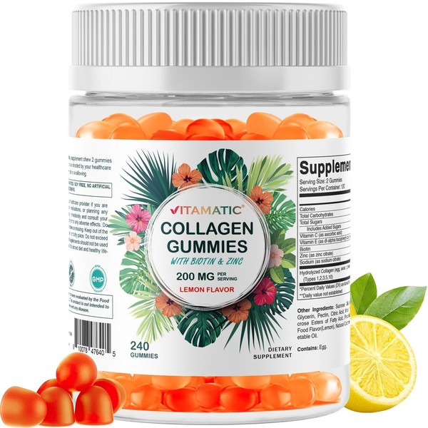 Vitamatic Hydrolyzed Collagen Gummies with Vitamin C, Zinc and Biotin,
