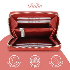 Baur Women's Genuine Leather Wallet, Mini Wallet with RFID Protection, Small Wallet with 6 Card Slots, Note and Coin Compartment, Wallet with All-Round Zip, red, Classic