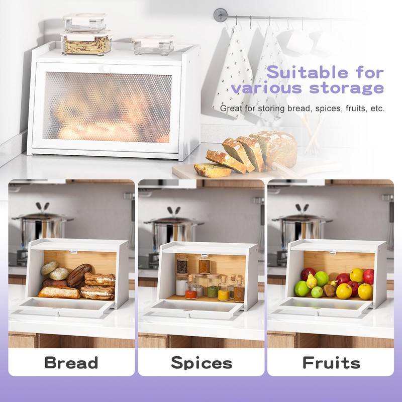 Wieghda Large Farmhouse Bread Box with Window -White Natural Wood