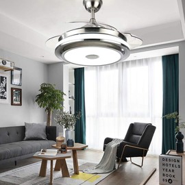 42 Inch Modern Music Ceiling Fan Light with Bluetooth Speaker, Remote Control 3 Color Changes Acrylic Retractable Chandelier Fans Lighting Fixtures with Silent Motor for Living/Dining Room Bedroom