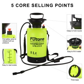 Futone 1.3 Gallon Garden Sprayer Water Pump Pressure Sprayers with Rod Handle and Adjustable Shoulder Strap for Lawn and Garden - (5.0L Lime Yellow)