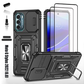 LMDAMZ Heavy Duty Case for Motorola Moto G Stylus 2022, Military Grade Dual Layer Hybrid Cushioning Rubber Bumper Protector with Slide Camera Protector, Built-in 360 Degree Swivel Stand -Black