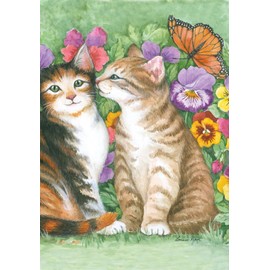 Toland Home Garden Kissing Kitties 12.5 x 18 Inch Decorative Spring Summer Pansy Flower Kitty Cat Butterfly Garden Flag