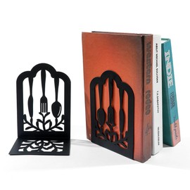 LdawyDE Bookends, Pack of 2 Book Holders 'L' Bookends Cutlery Style Creative Bookend Metal Desktop Standalone Recipe Storage Book Holder for Kitchen Office School Shelf