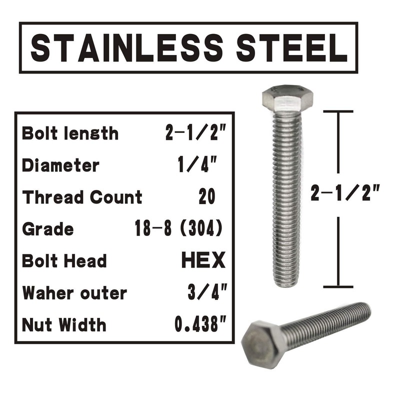 (10 Sets) 1/4-20x2-1/2" Stainless Steel Hex Head Screws Bolts, Nuts,