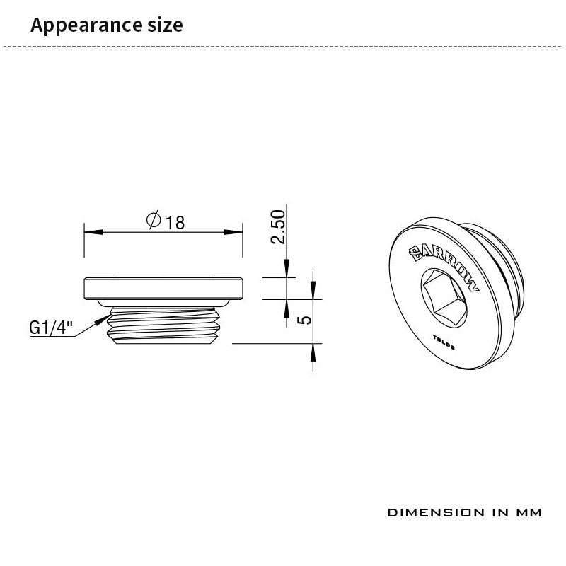Barrow G1/4" Thin Stop Plug Fitting, Internal Hex Socket, Gold,