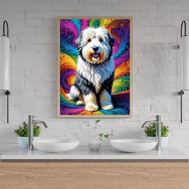 Old English Sheepdog DIY Diamond Painting Kits, Colorful Dog Full Drill Round Diamond Dots Paintings for Beginners 5D DIY Diamonds Pictures Gem Art Painting Set 12x16 inch