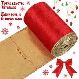 WILLBOND 2 Rolls Christmas Red Velvet Ribbon Velvet Wired Edge Ribbon Trim Wrapping Ribbon Craft Fabric Ribbon Christmas Ribbon for Gift Wrapping Bow Wedding Decoration(4 Inch x 6 Yards,Red)