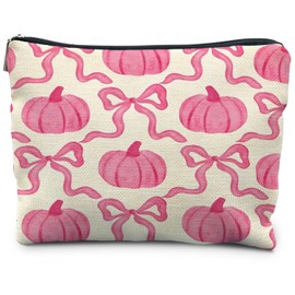 RYYCDOI Pink Preppy Makeup Bag, Fall Makeup Bag, Coquette Makeup Bag, Pink Coquette Bow Pumpkin Cosmetic Bags for Women, Girly Makeup Bag, Preppy Stuff, Coquette Stuff, Pink Makeup Pouch