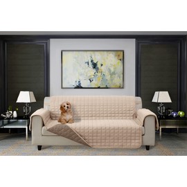 Elegant Comfort Quilted Furniture Protectors Solid and Printed Design Reversible Slipcovers Featuring Elastic Straps and Smart Pockets Great for Pets, Kids and More, Sofa, Cream/Taupe