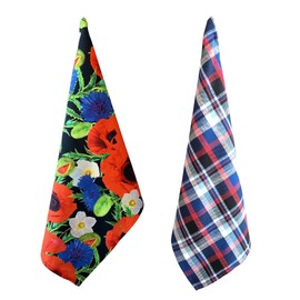 Shes Chic Kitchen Dishclothes Set, 100 Percent Cotton Dish Towels Tartan Plaid Striped Floral Red Poppies 26" by 18", Set of 2 Printed Woven, Hanging Loop, Red Black Blue White Colorful