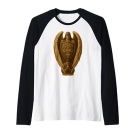 Jesus Is King Angel Shield with Praying Christian Man Dad Raglan Baseball Tee