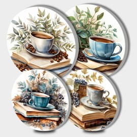 Tucocoo Book and Coffee Watercolor Electric Stove Burner Covers, Set of 4 Round Stove Burner Covers, 8 Inches and 10 Inches, Gas Metal Stove Burner Cover, Foliage Gothic Landscapes Cooktop Decorative