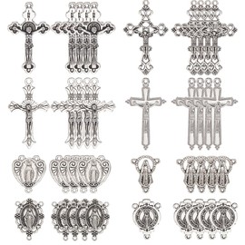 SUNNYCLUE 1 Box 48pcs 8 styles Easter Rosary Charms Metal Rosary Crucifix Bulk Assorted Tibetan Style Alloy Antique Silver Chandelier Link Connector Charm Pendants Bulk for Jewellery Making Adults