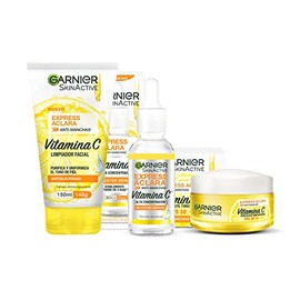 Kit Garnier Express Aclara Rutina anti manchas con Vitamina C: Sérum facial, crema hidratante y gel limpiador, 3 piezas. Hidrata, ilumina y unifica el