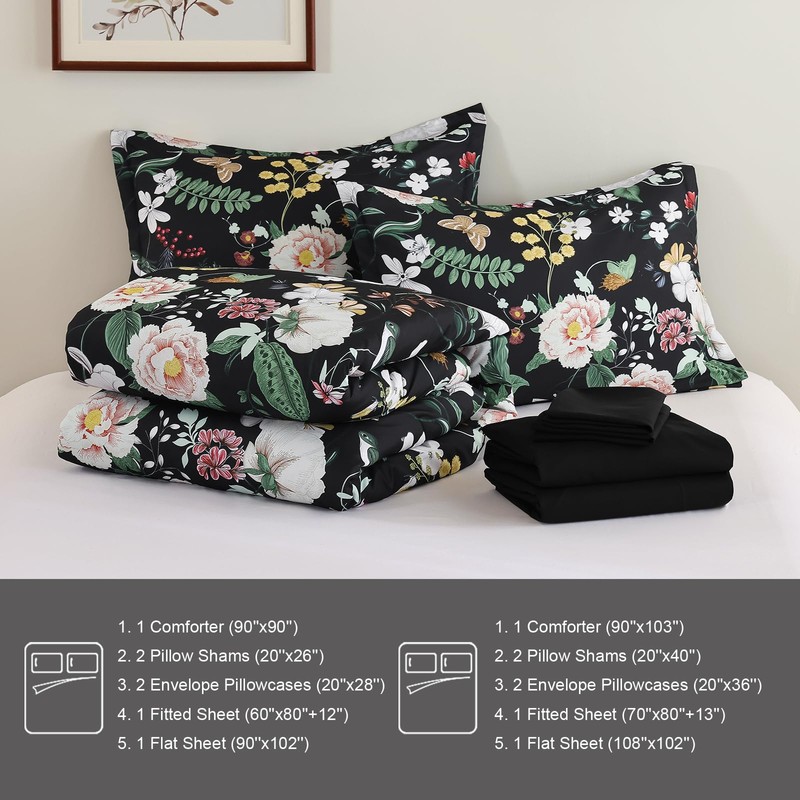 Anibedding 7Pieces Floral Queen Size Comforter Set, Garden Plant Flower