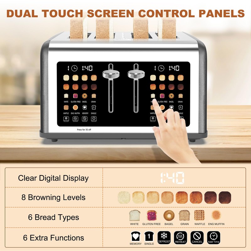 4 Slice Toaster Touch Screen, Stainless Steel Toasters Digital Timer,