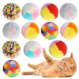 YUBONUS Assorted Color Cat Ball Toys, Woolen Yarn Puffs Pom Balls Interactive Kitten Chasing Toys Cat Chase Balls (12Pcs)