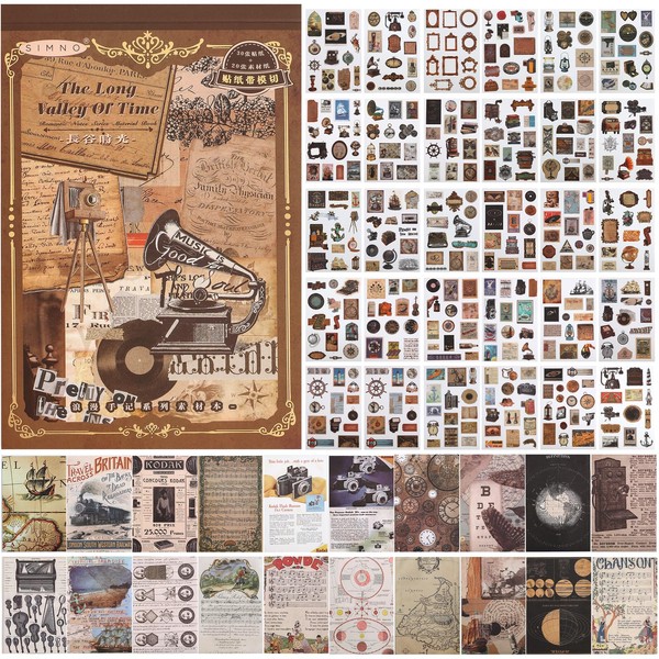 Auguro Vintage Scrapbook Stickers Book with 413 Stickers and 20 Sheets of Scrapbook Paper Adult DIY Stickers Sticker Book for journaling Vintage Ephemera Stickers washi Stickers