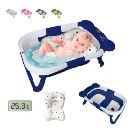 Bañera Bebés Plegable Tina De Baño Con Cojín Y Termómetro Azul Orejas