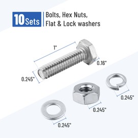 Mr. Pen- Nuts and Bolts Set, 1/4"-20x1, 10 Sets, Stainless Steel, Hex Head Nut and Bolt Set, Flat & Lock Washers