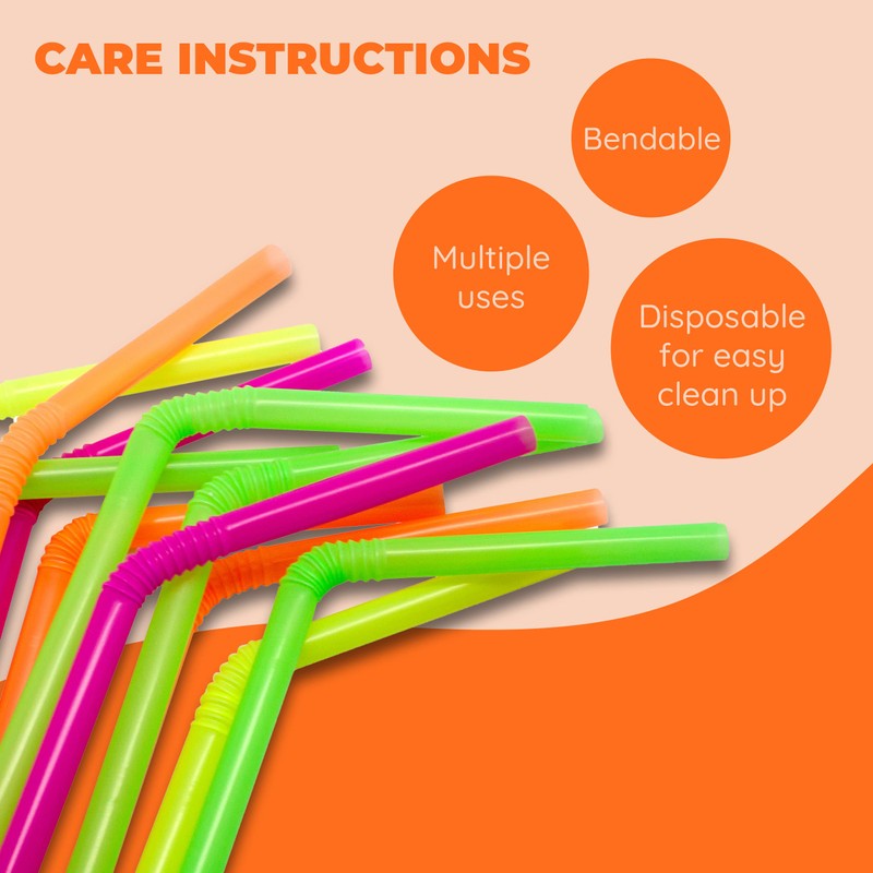 Jacent Flexible Disposable Drinking Straws, Bendable Plastic Neon Straws: 125