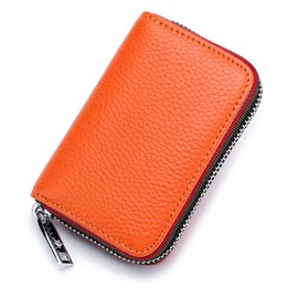 Yocipa RFID Credit Card Holder For Women Men Zipper Leather Card Wallet Small (Orange)