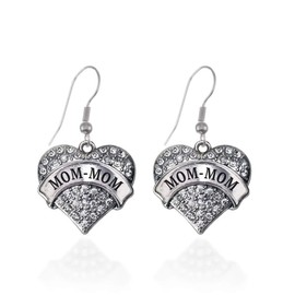 Inspired Silver - Mom-mom - Silver Dangle Earrings for Women - Pave Heart Charm Earrings French Hook Drop with Cubic Zirconia - Women's Dangly Earrings Jewelry Gift