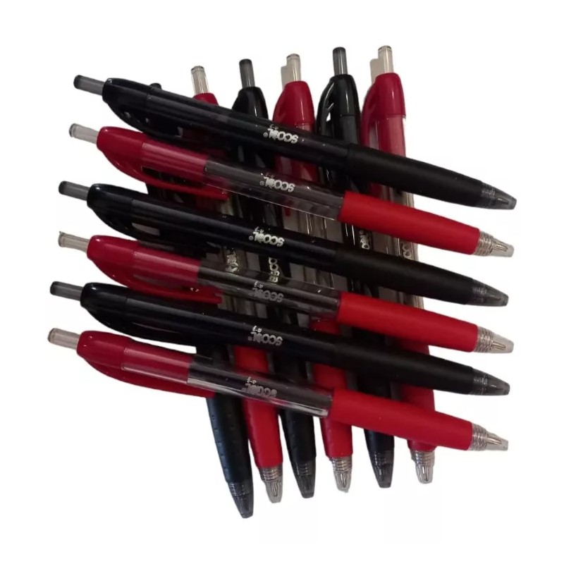 Boligrafo 12 Bolígrafo Retráctil Punto Medio Negro Rojo 6pz Cada