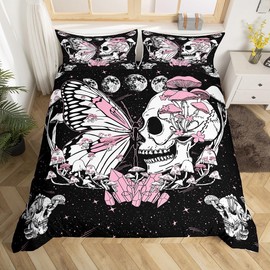 Butterfly Skull Duvet Cover Set Twin Size Pink Mushroom Comforter Cover Gothic Starry Galaxy Moon Bedding Set 2pcs for Kids Teens Girls Boys Bedroom Decor Trippy Plants Quilt Cover,1 Pillowcase