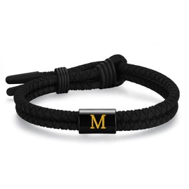 Metzm Adjustable Silicone Braided Rope Initial Bracelet for Men Women，Stainless Steel A-Z Letter Charm Bracelets，Waterproof Sports Rubber Bracelet Jewelry Gifts (Initial M)