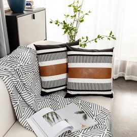Vfuty Set of 2 Black White Boho Pillow Cover with Leather Modern Couch Pillow Covers 22x22 inch Farmhouse Stripe Pillowcase for Couch Bed, Black