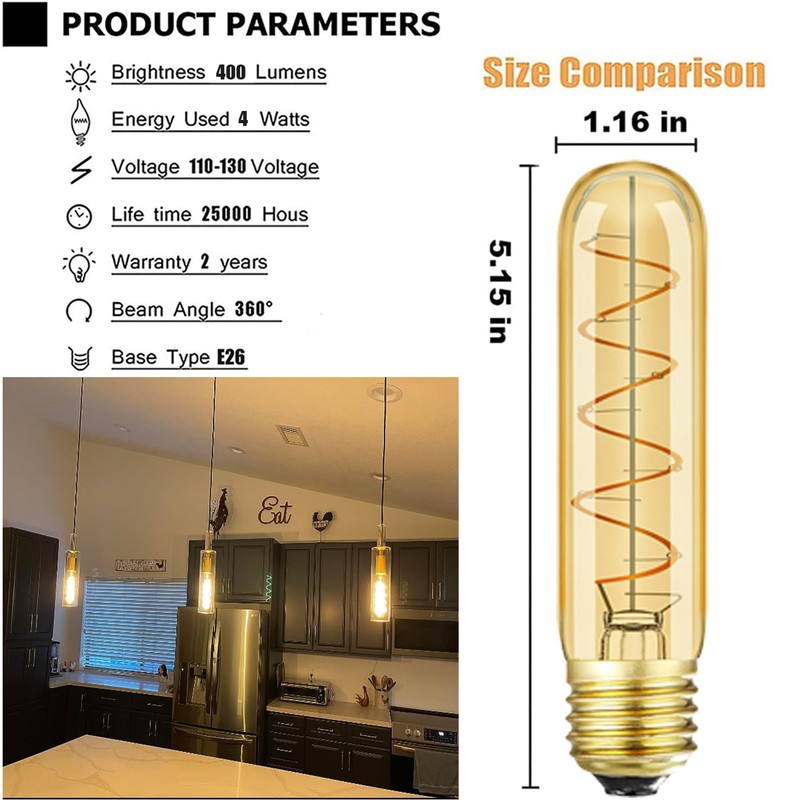 Leools Vintage T10 LED Edison Light Bulb Super Thin Filament,