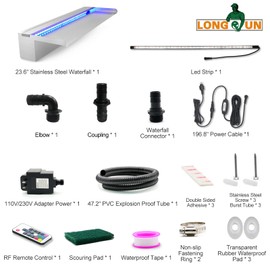 LONGRUN Pool Fountain Stainless Steel Outdoor Pond Spillway Waterfall with Wider Water Flow Platform Multi-Color LED Light Spray Indoor Waterfall Fountains for Garden-23.6" x 8" x 3.94"(W x D x H)