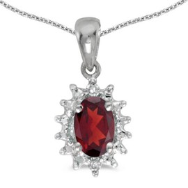 10k White Gold Oval Garnet And Diamond Pendant with 18" Chain