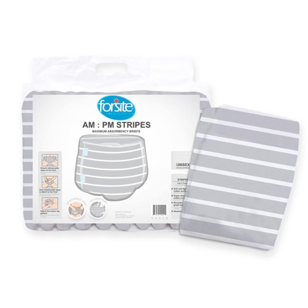 Forsite AM PM Briefs Printed Adult Diapers, Gray Stripes, Large,