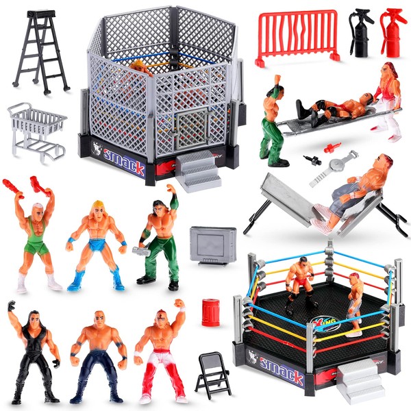Skylety 32 Pcs Wrestling Toys Wrestler Warriors Toys with 12 Mini Wrestlers Action Figures Wrestling Figures Toys, 20 Realistic Accessories Realistic Action Figures Playset for Boys and Girls