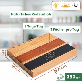 Wooden Pill Box 7 Days with 3 Compartments Morning Lunch Evening Compact Pill Organiser for Travel - Made of Natural Pine Wood with Magnetic Lid