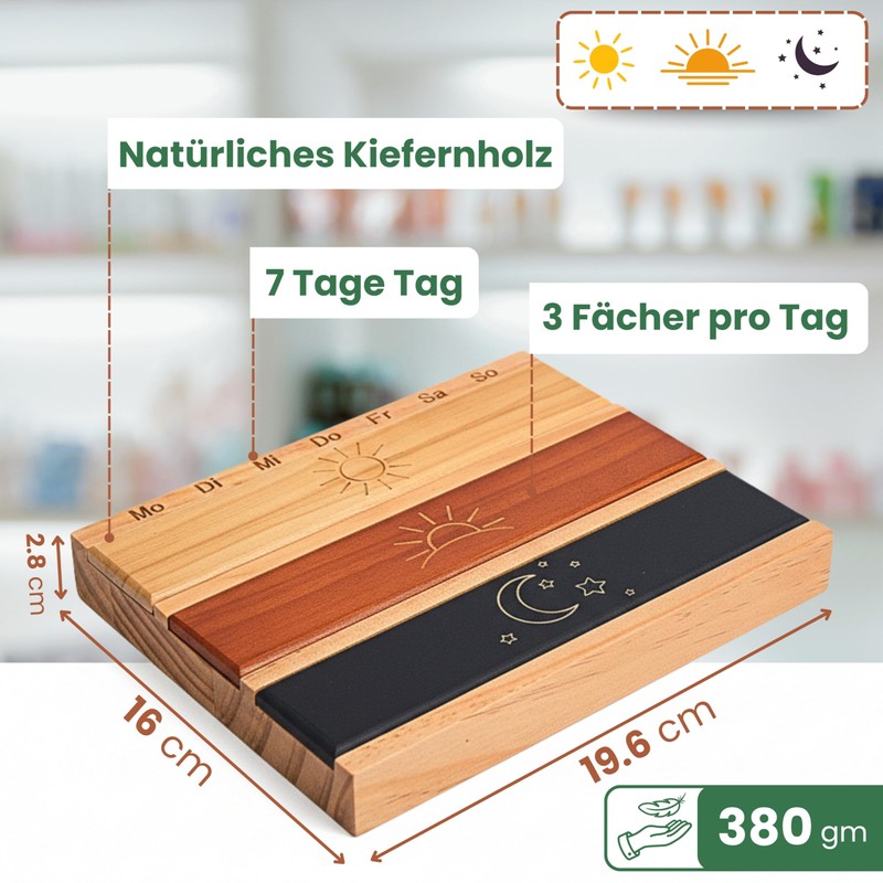 Wooden Pill Box 7 Days with 3 Compartments Morning Lunch